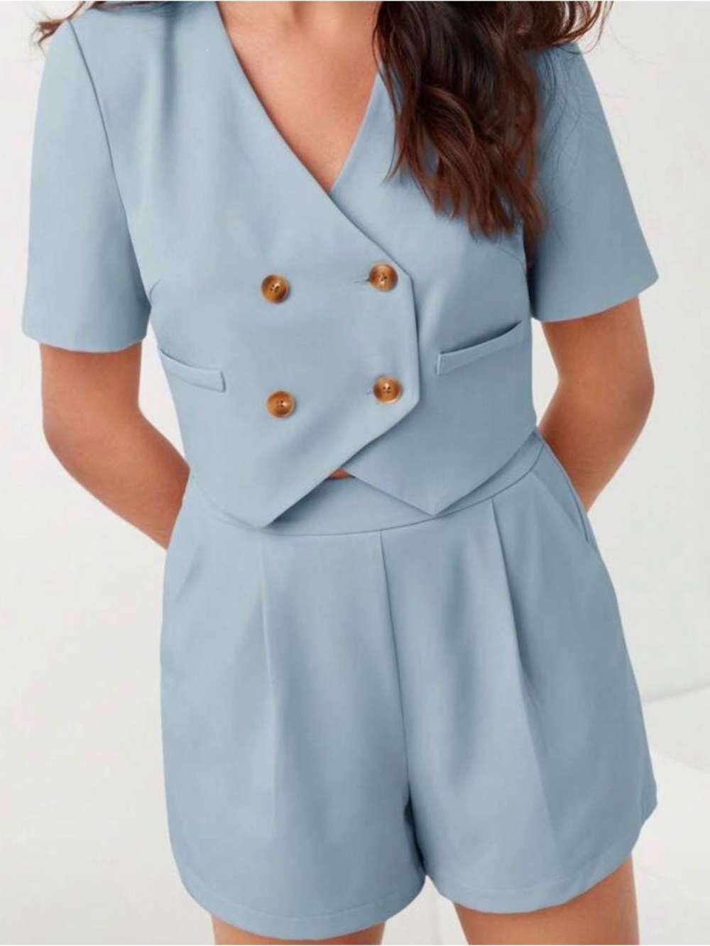 Women’s Solid color Double Breasted Top & Pleated Shorts (set)